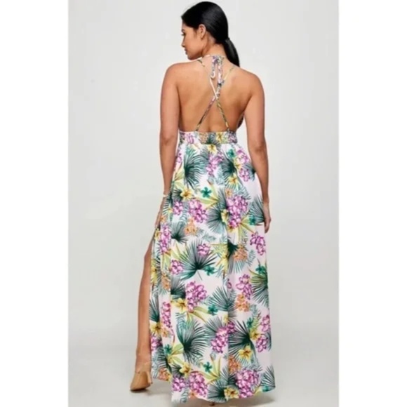Purple Tropical Floral Palm Vacation Cruise Summer Sexy Slit Maxi Halter Dress - Picture 5 of 5